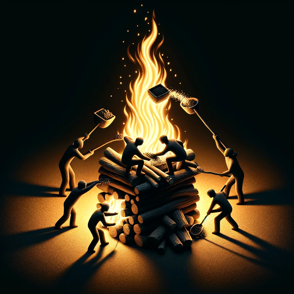 Shadowy figures working to keep a fire going